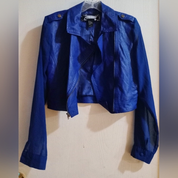 Cropped MOTO Style Jacket w Sheer Sleeves sz. M Blue‎ Faux Leather - Picture 3 of 15